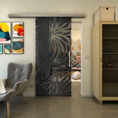 Glasschiebetür SLIM-LINE - Fineprint Model 096 Schwarz auf Grauglas