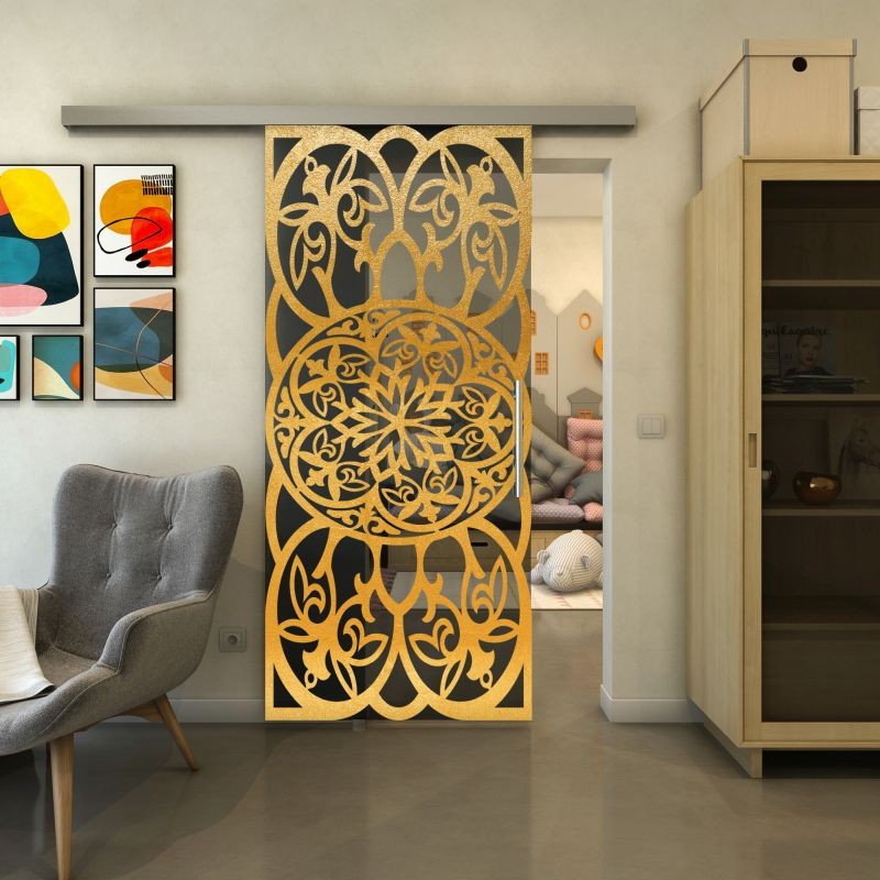 Glasschiebetür SLIM-LINE - Fineprint Modell 100 Gold auf Grauglas Glasschiebetür SLIM-LINE - Fineprint Modell 100 Gold auf Grauglas