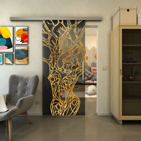 Glasschiebetür SLIM-LINE - Fineprint Model 105 Gold auf Grauglas