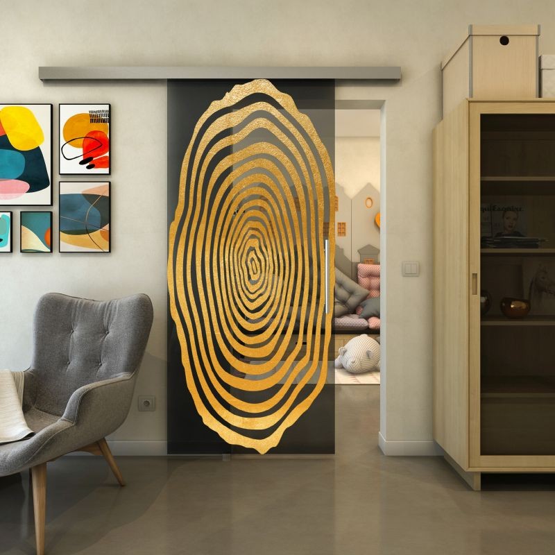 Glasschiebetür SLIM-LINE - Fineprint Modell 109 Gold auf Grauglas