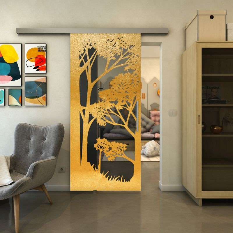 Glasschiebetür SLIM-LINE - Fineprint Modell 110 Gold auf Grauglas Glasschiebetür SLIM-LINE - Fineprint Modell 110 Gold auf Grauglas