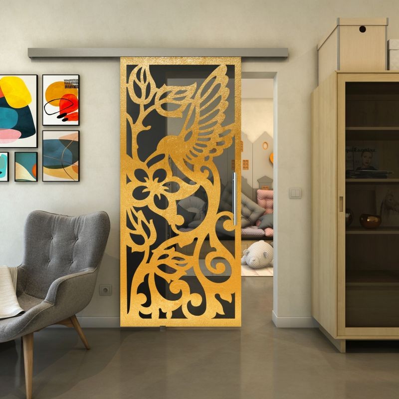 Glasschiebetür SLIM-LINE - Fineprint Modell 112 Gold auf Grauglas Glasschiebetür SLIM-LINE - Fineprint Modell 112 Gold auf Grauglas