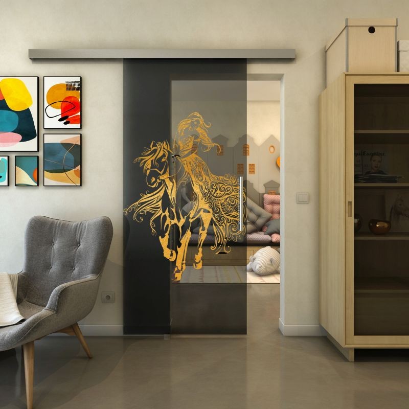 Glasschiebetür SLIM-LINE - Fineprint Modell 118 Gold auf Grauglas Glasschiebetür SLIM-LINE - Fineprint Modell 118 Gold auf Grauglas