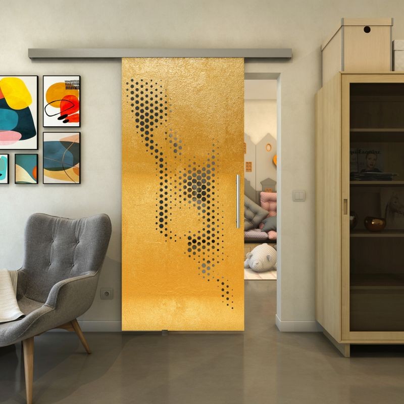 Glasschiebetür SLIM-LINE - Fineprint Modell 120 Gold auf Grauglas Glasschiebetür SLIM-LINE - Fineprint Modell 120 Gold auf Grauglas