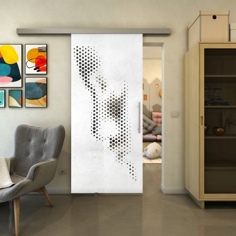 Glasschiebetür SLIM-LINE - Fineprint Modell 120 Weiss auf Grauglas Glasschiebetür SLIM-LINE - Fineprint Modell 120 Weiss auf Grauglas