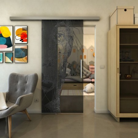 Glasschiebetür SLIM-LINE - Fineprint Model 123 Schwarz auf Grauglas