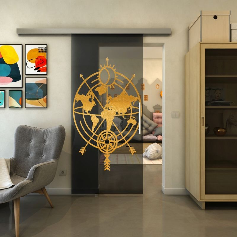 Glasschiebetür SLIM-LINE - Fineprint Modell 127 Gold auf Grauglas Glasschiebetür SLIM-LINE - Fineprint Modell 127 Gold auf Grauglas