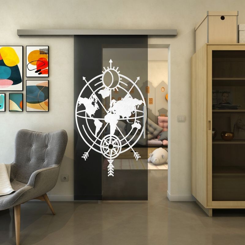Glasschiebetür SLIM-LINE - Fineprint Modell 127 Weiss auf Grauglas