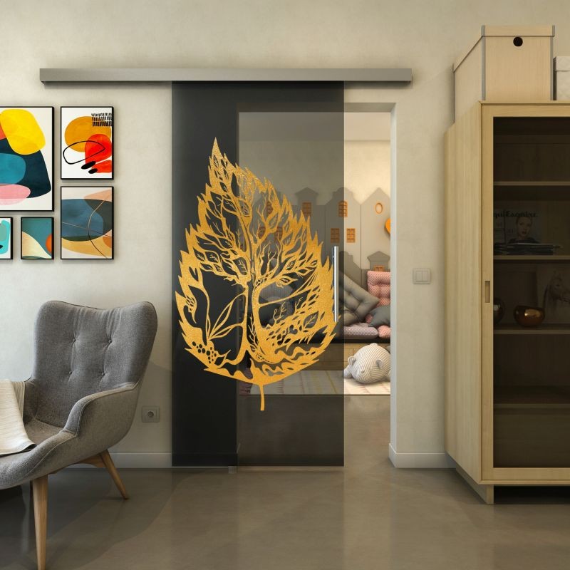 Glasschiebetür SLIM-LINE - Fineprint Modell 130 Gold auf Grauglas Glasschiebetür SLIM-LINE - Fineprint Modell 130 Gold auf Grauglas
