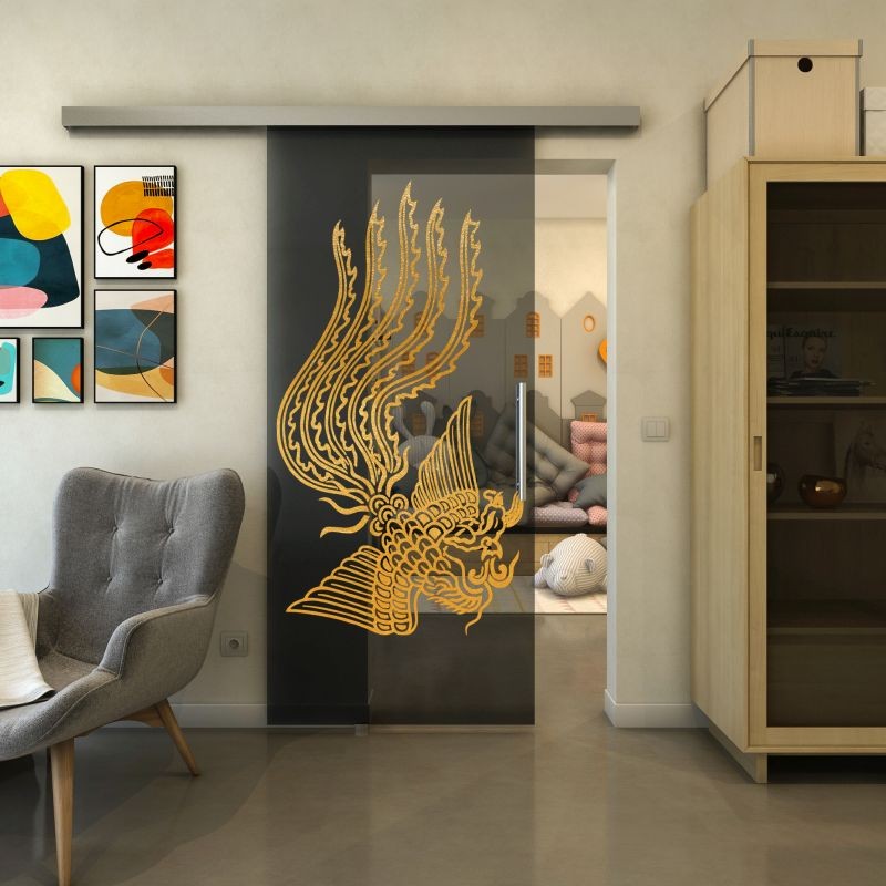 Glasschiebetür SLIM-LINE - Fineprint Modell 157 Gold auf Grauglas Glasschiebetür SLIM-LINE - Fineprint Modell 157 Gold auf Grauglas