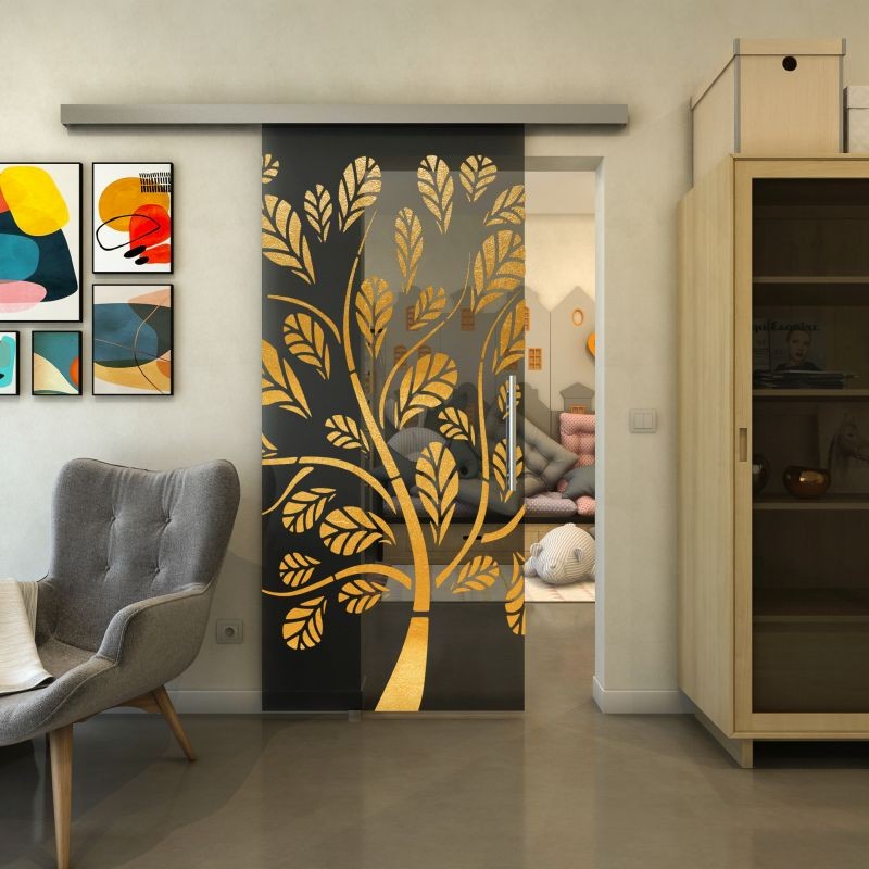 Glasschiebetür SLIM-LINE - Fineprint Modell 159 Gold auf Grauglas Glasschiebetür SLIM-LINE - Fineprint Modell 159 Gold auf Grauglas