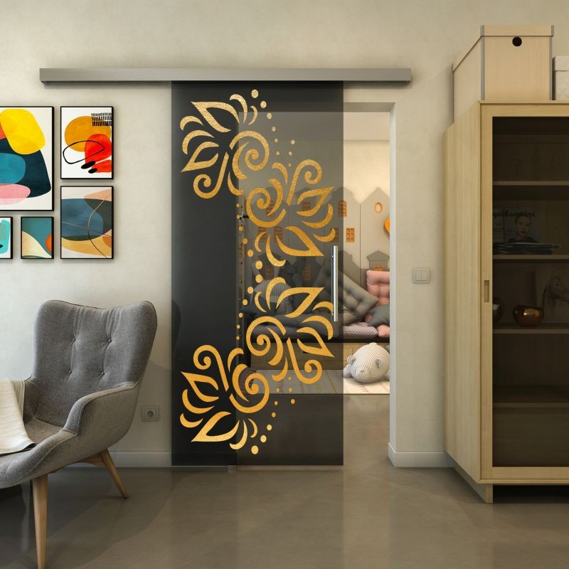 Glasschiebetür SLIM-LINE - Fineprint Modell 163 Gold auf Grauglas Glasschiebetür SLIM-LINE - Fineprint Modell 163 Gold auf Grauglas