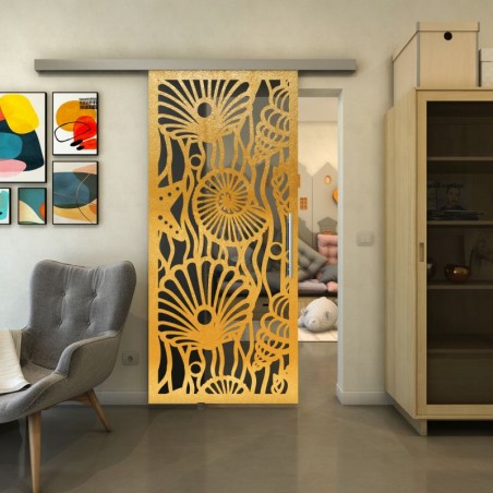 Glasschiebetür SLIM-LINE - Fineprint Model 165 Gold auf Grauglas