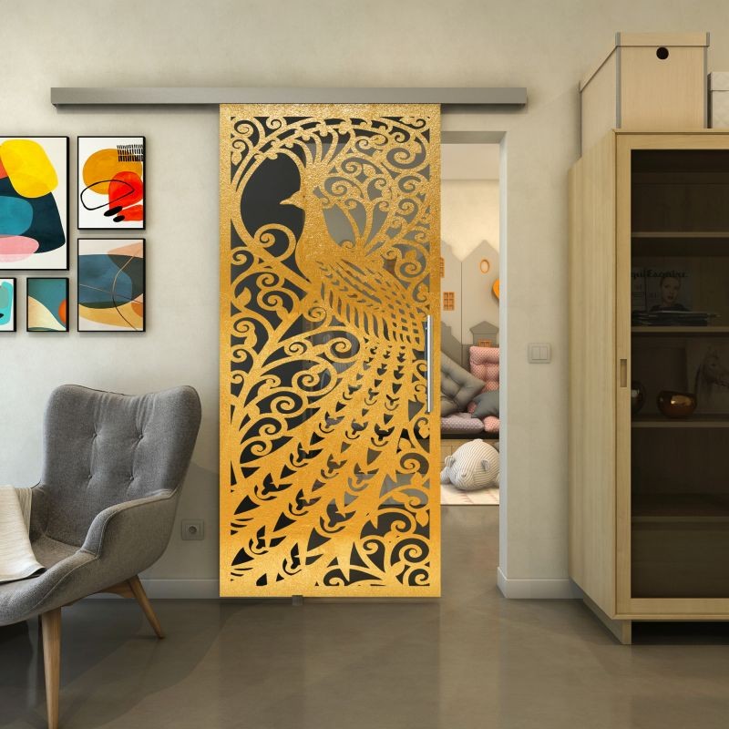 Glasschiebetür SLIM-LINE - Fineprint Modell 172 Gold auf Grauglas Glasschiebetür SLIM-LINE - Fineprint Modell 172 Gold auf Grauglas