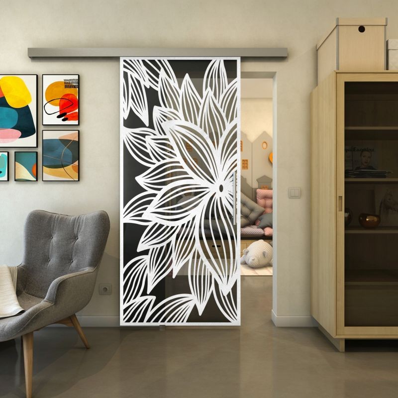 Glasschiebetür SLIM-LINE - Fineprint Modell 184 Weiss auf Grauglas Glasschiebetür SLIM-LINE - Fineprint Modell 184 Weiss auf Grauglas