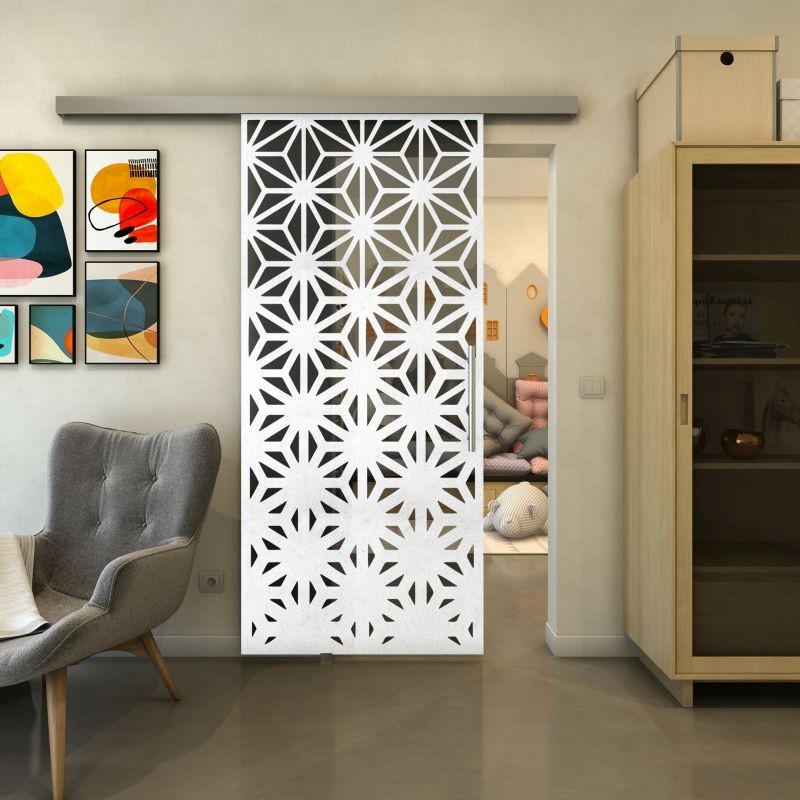 Glasschiebetür SLIM-LINE - Fineprint Modell 187 Weiss auf Grauglas Glasschiebetür SLIM-LINE - Fineprint Modell 187 Weiss auf Grauglas