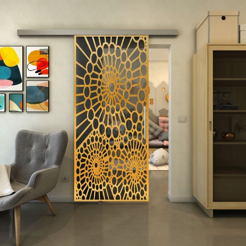 Glasschiebetür SLIM-LINE - Fineprint Modell 188 Gold auf Grauglas Glasschiebetür SLIM-LINE - Fineprint Modell 188 Gold auf Grauglas