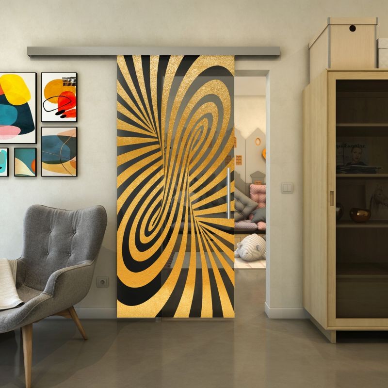Glasschiebetür SLIM-LINE - Fineprint Modell 189 Gold auf Grauglas Glasschiebetür SLIM-LINE - Fineprint Modell 189 Gold auf Grauglas