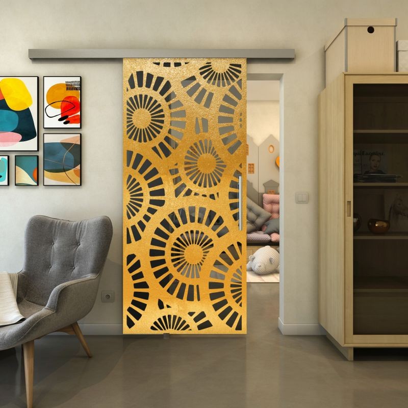 Glasschiebetür SLIM-LINE - Fineprint Modell 191 Gold auf Grauglas Glasschiebetür SLIM-LINE - Fineprint Modell 191 Gold auf Grauglas