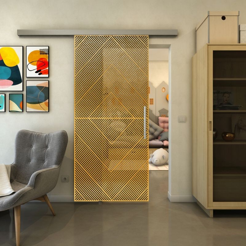 Glasschiebetür SLIM-LINE - Fineprint Modell 194 Gold auf Grauglas Glasschiebetür SLIM-LINE - Fineprint Modell 194 Gold auf Grauglas