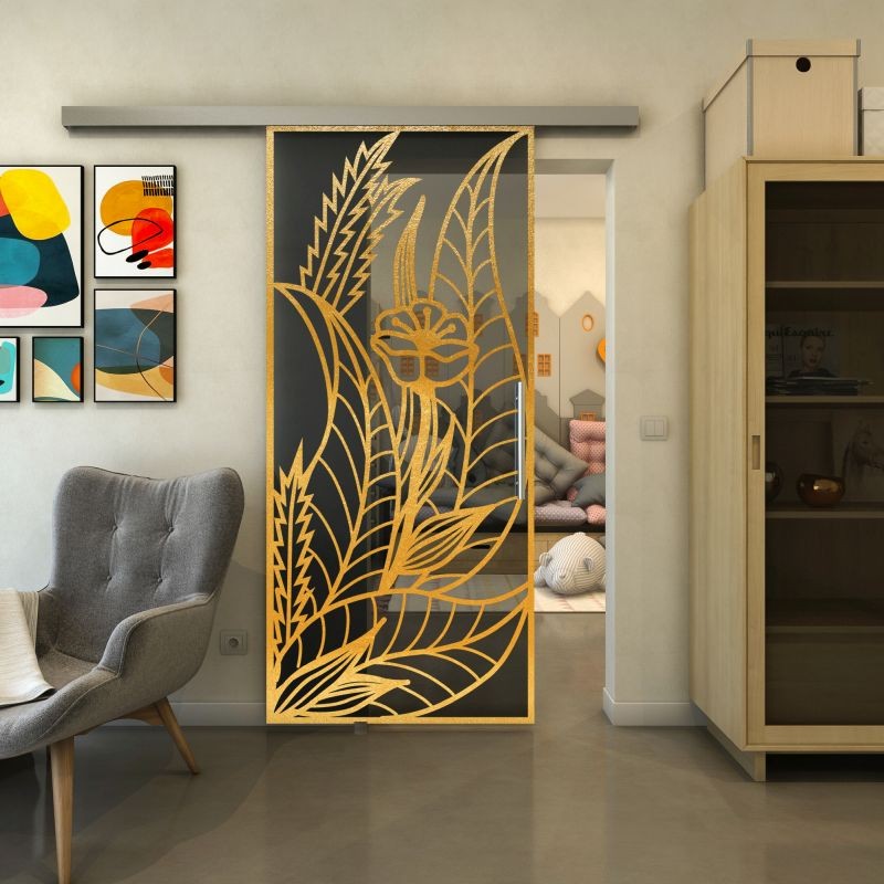Glasschiebetür SLIM-LINE - Fineprint Modell 195 Gold auf Grauglas Glasschiebetür SLIM-LINE - Fineprint Modell 195 Gold auf Grauglas