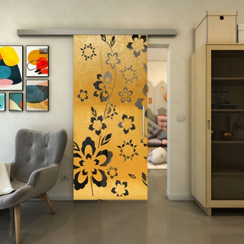Glasschiebetür SLIM-LINE - Fineprint Modell 199 Gold auf Grauglas Glasschiebetür SLIM-LINE - Fineprint Modell 199 Gold auf Grauglas
