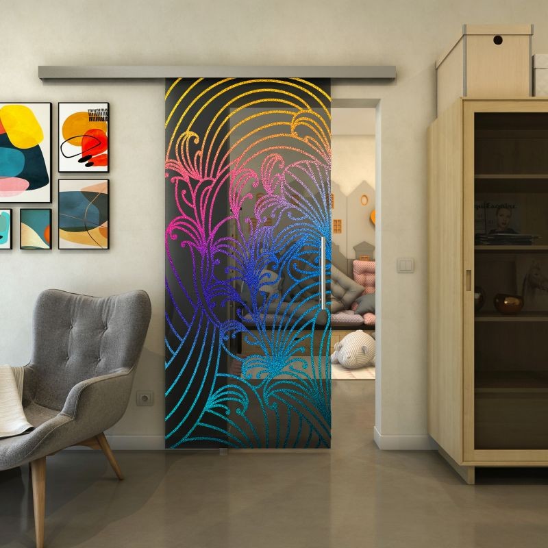 Glasschiebetür SLIM-LINE - Fineprint Modell 200 Verlauf auf Grauglas Glasschiebetür SLIM-LINE - Fineprint Modell 200 Verlauf auf Grauglas