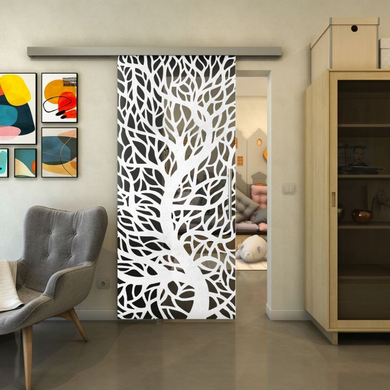 Glasschiebetür SLIM-LINE - Fineprint Modell 202 Weiss auf Grauglas Glasschiebetür SLIM-LINE - Fineprint Modell 202 Weiss auf Grauglas