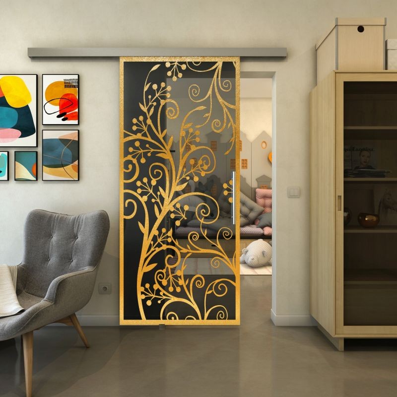 Glasschiebetür SLIM-LINE - Fineprint Modell 204 Gold auf Grauglas Glasschiebetür SLIM-LINE - Fineprint Modell 204 Gold auf Grauglas