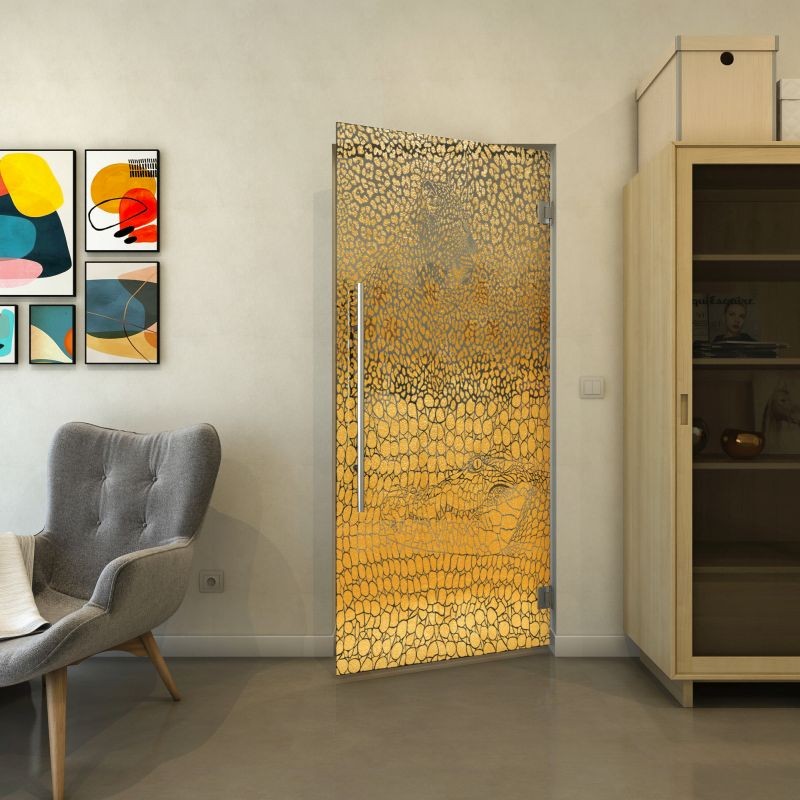 Pendeltür - Fineprint Modell 015 Gold auf Grauglas Pendeltür - Fineprint Modell 015 Gold auf Grauglas