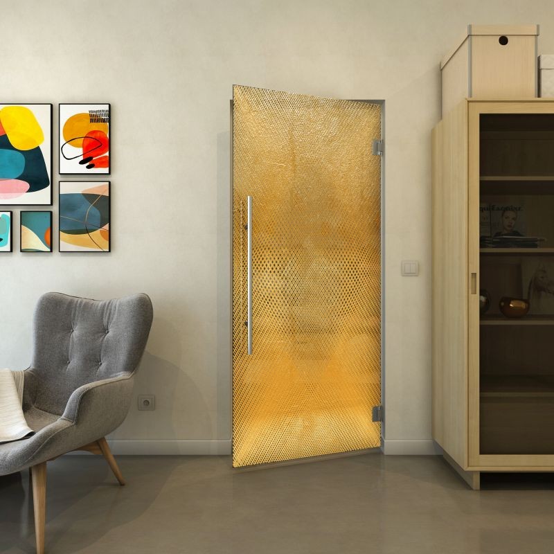 Pendeltür - Fineprint Modell 025 Gold auf Grauglas Pendeltür - Fineprint Modell 025 Gold auf Grauglas