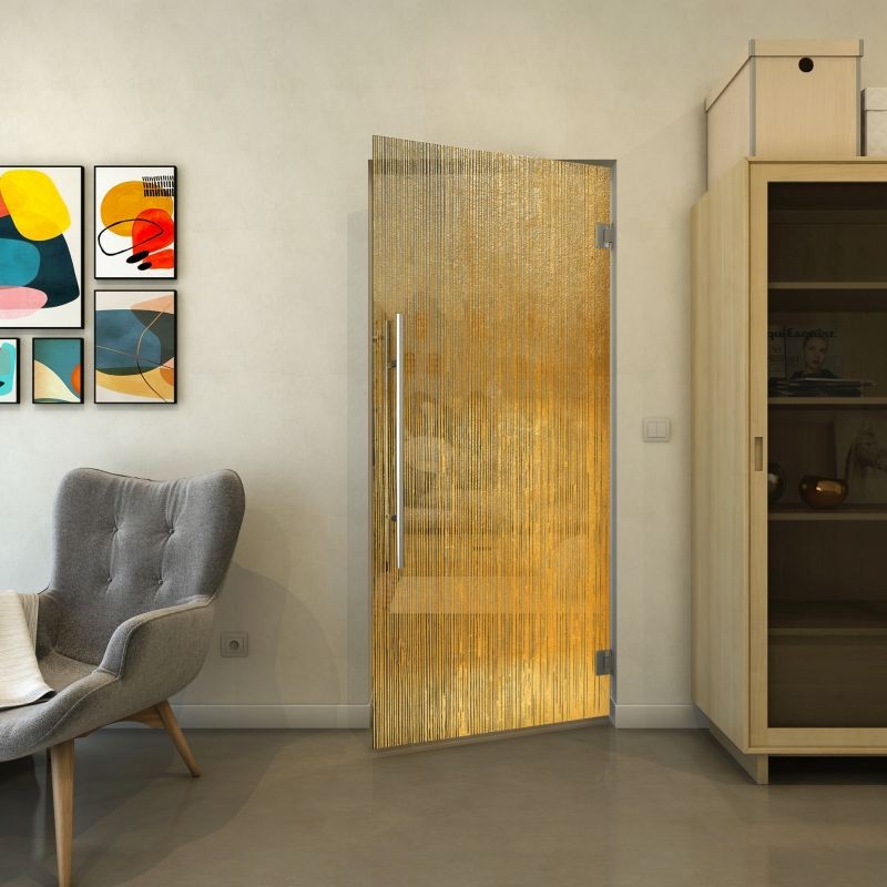 Pendeltür - Fineprint Modell 050 Gold auf Grauglas Pendeltür - Fineprint Modell 050 Gold auf Grauglas