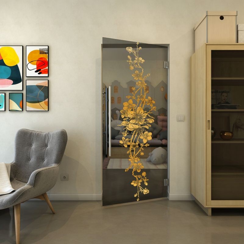 Pendeltür - Fineprint Modell 085 Gold auf Grauglas Pendeltür - Fineprint Modell 085 Gold auf Grauglas