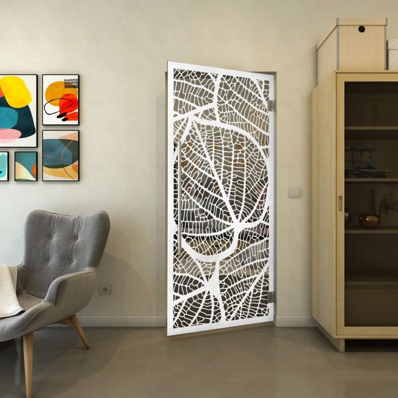 Pendeltür - Fineprint Modell 107 Weiss auf Grauglas Pendeltür - Fineprint Modell 107 Weiss auf Grauglas