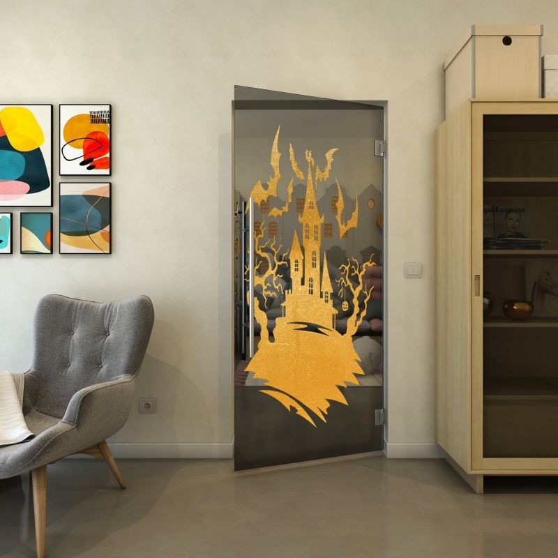 Pendeltür - Fineprint Modell 114 Gold auf Grauglas Pendeltür - Fineprint Modell 114 Gold auf Grauglas