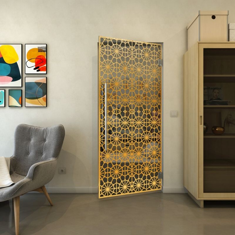 Pendeltür - Fineprint Modell 143 Gold auf Grauglas Pendeltür - Fineprint Modell 143 Gold auf Grauglas