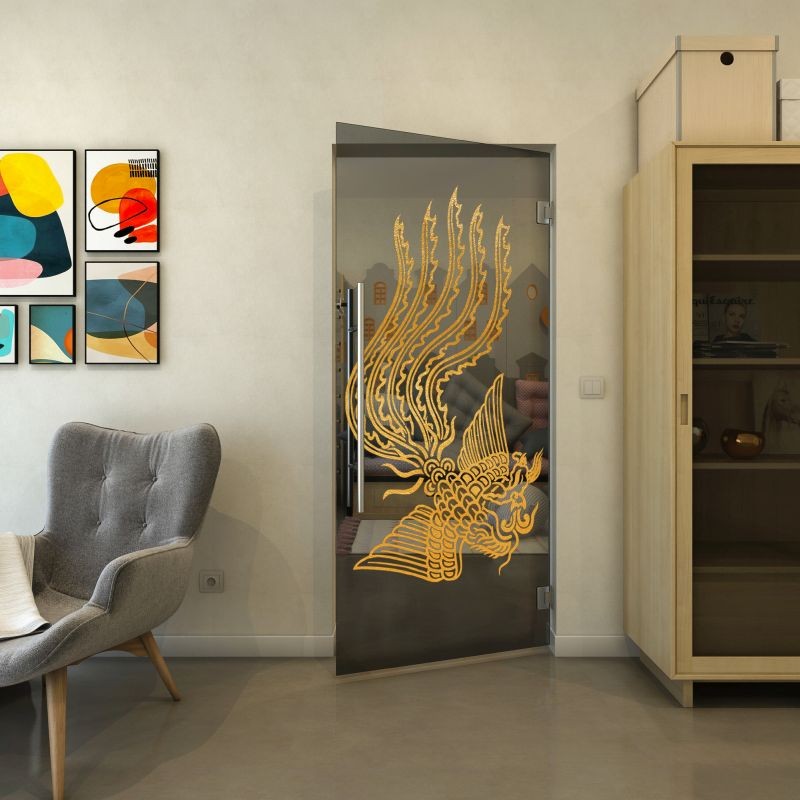 Pendeltür - Fineprint Modell 157 Gold auf Grauglas Pendeltür - Fineprint Modell 157 Gold auf Grauglas
