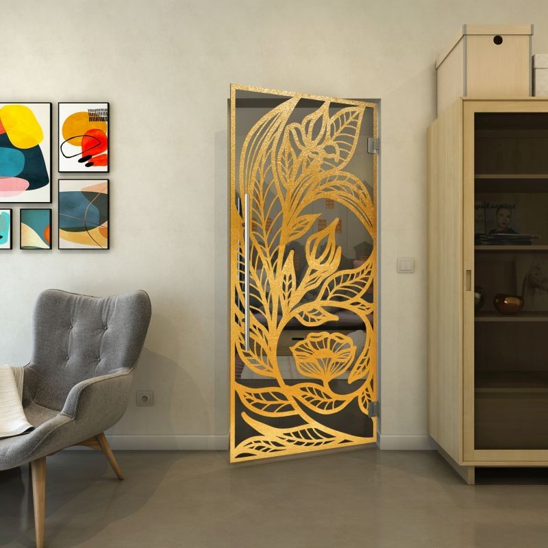 Pendeltür - Fineprint Modell 196 Gold auf Grauglas Pendeltür - Fineprint Modell 196 Gold auf Grauglas
