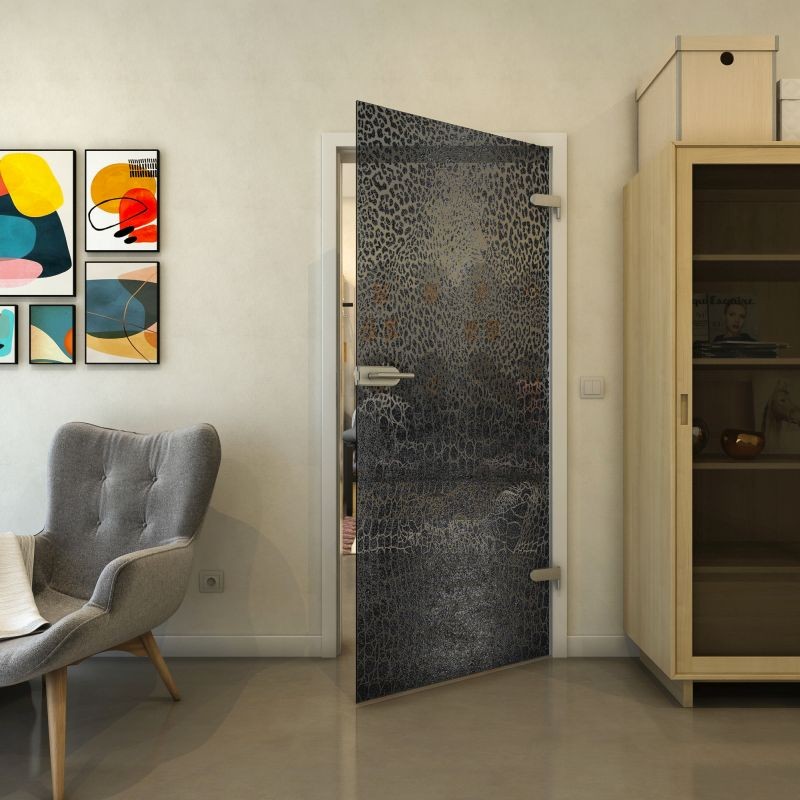Ganzglastür - Fineprint Modell 015 Schwarz auf Grauglas