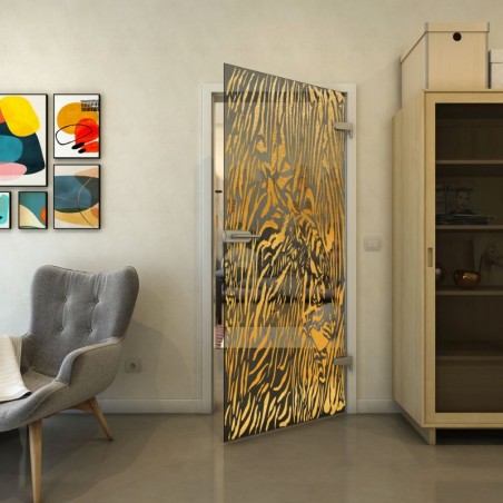 Ganzglastür - Fineprint Model 017 Gold auf Grauglas