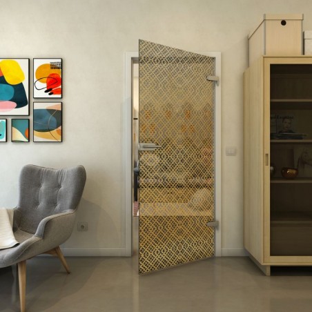 Ganzglastür - Fineprint Model 018 Gold auf Grauglas