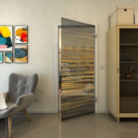 Ganzglastür - Fineprint Model 019 Gold auf Grauglas