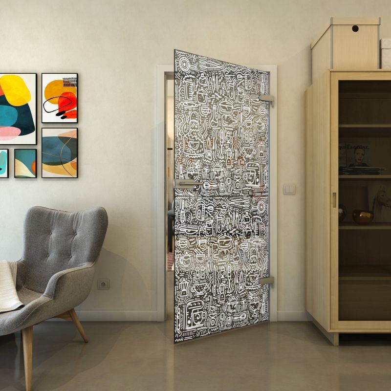 Ganzglastür - Fineprint Modell 036 Weiss auf Grauglas