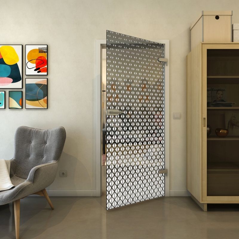 Ganzglastür - Fineprint Modell 038 Weiss auf Grauglas