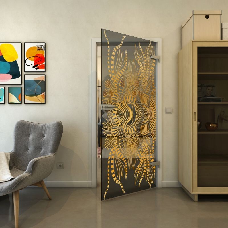 Ganzglastür - Fineprint Modell 039 Gold auf Grauglas