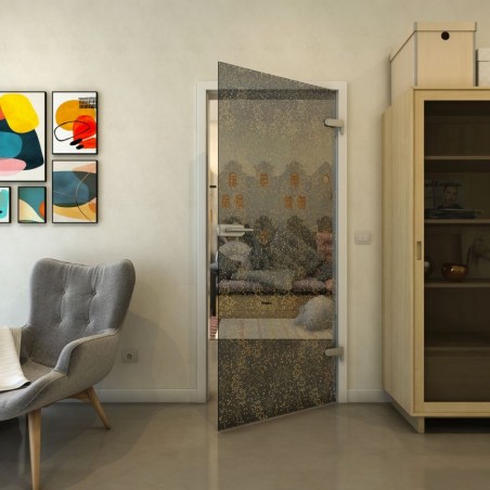 Ganzglastür - Fineprint Model 047 Gold auf Grauglas