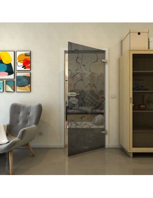 Ganzglastür - Fineprint Model 049 Schwarz auf Grauglas