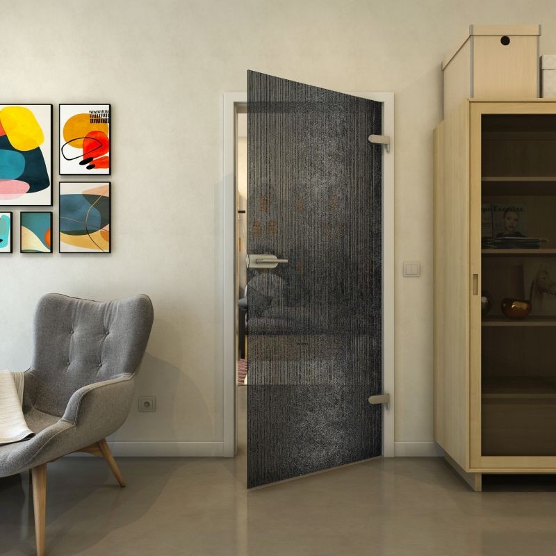 Ganzglastür - Fineprint Modell 050 Schwarz auf Grauglas