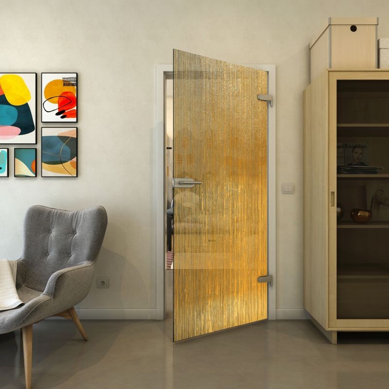 Ganzglastür - Fineprint Modell 050 Gold auf Grauglas