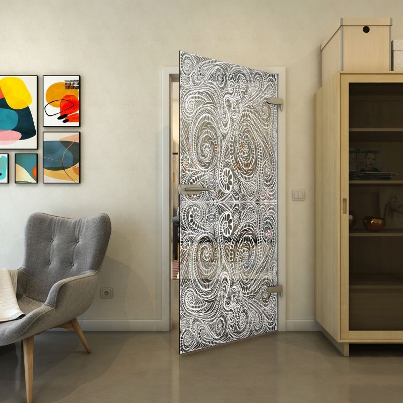 Ganzglastür - Fineprint Modell 051 Weiss auf Grauglas